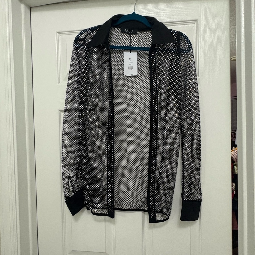 AKIRA Black Mesh Glitter Shirt